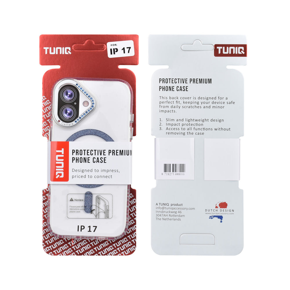 Voor- en achterkant van verpakking van transparant TUNIQ telefoonhoesje met blauwe glitterring en rand