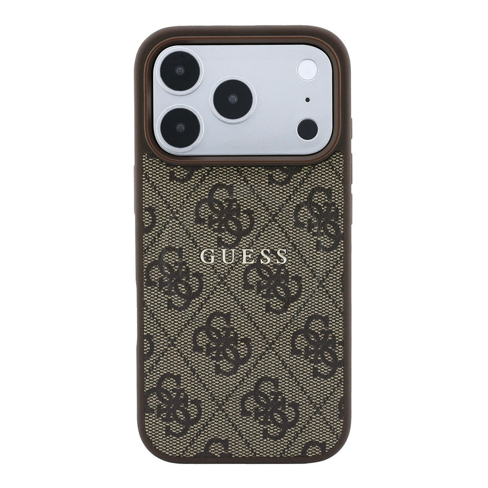 Bruin Guess telefoonhoesje met 4G-patroon en schriftlogo, van achteren