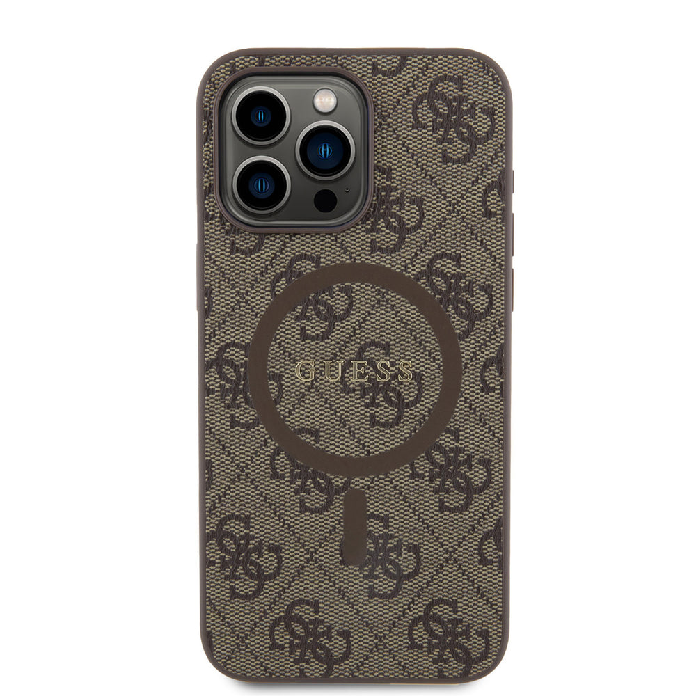 Bruin Guess telefoonhoesje met 4G-patroon en rond logo, van achteren
