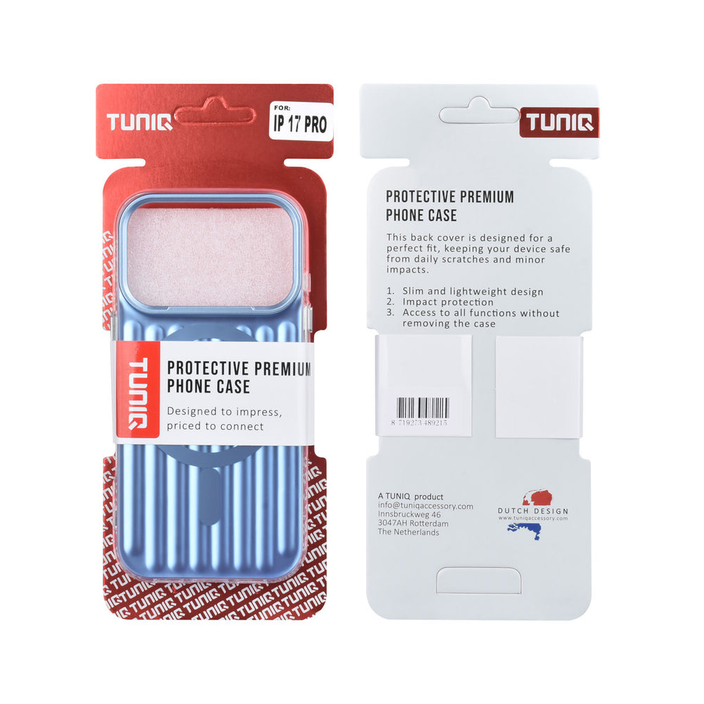 Voor- en achterkant van verpakking van blauw TUNIQ telefoonhoesje met verticale ribbels en ring