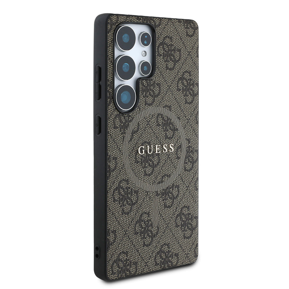 Bruin Guess telefoonhoesje met 4G-patroon en rond logo, van achteren