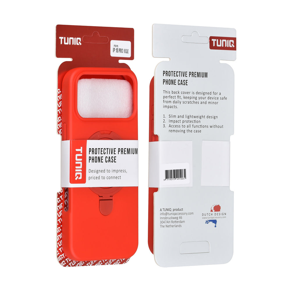 Voor- en achterkant van verpakking van rood TUNIQ telefoonhoesje met ringstandaard