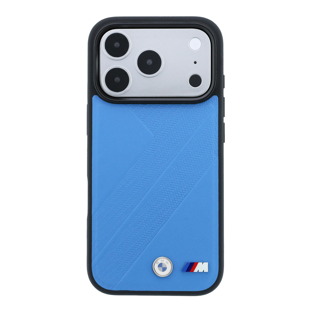 Blauw BMW telefoonhoesje met bandprofiel en M-logo, van achteren