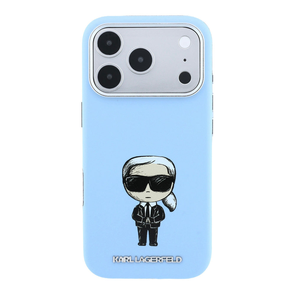 Lichtblauw Karl Lagerfeld telefoonhoesje met figuur van Karl, van achteren