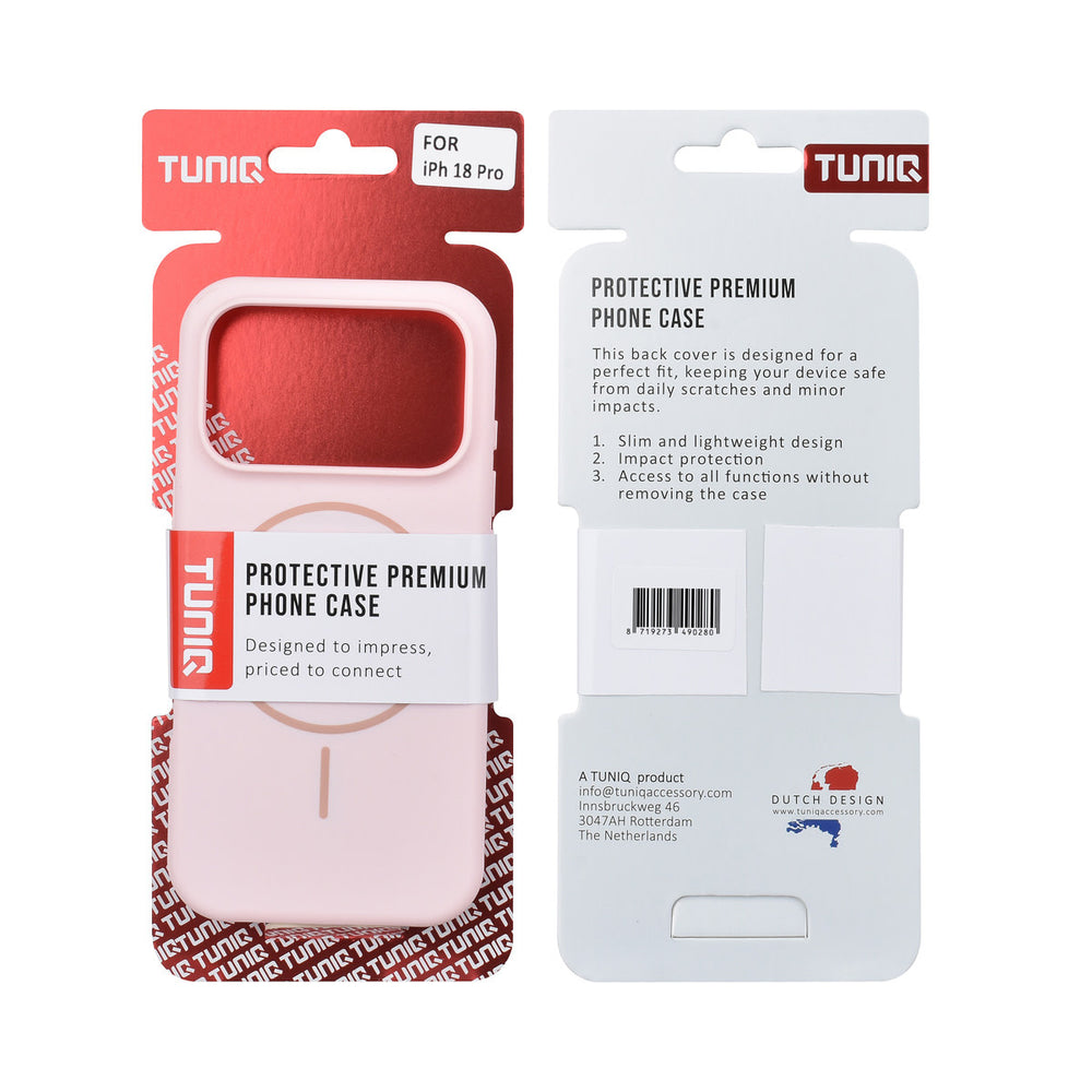 Voor- en achterkant van verpakking van roze TUNIQ telefoonhoesje met ring