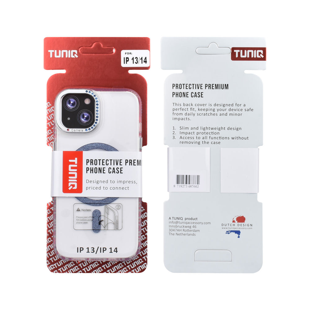 Voor- en achterkant van verpakking van transparant TUNIQ telefoonhoesje met blauwe glitterring en rand