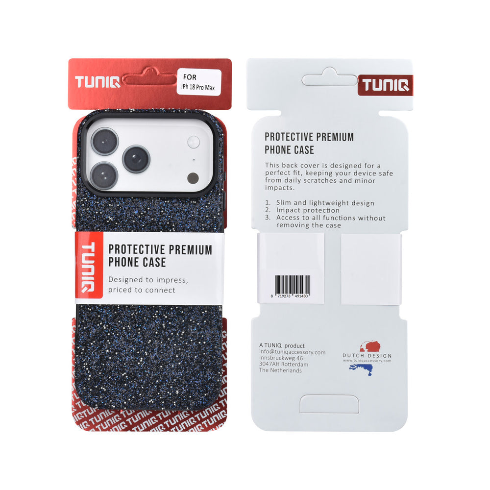 Voor- en achterkant van verpakking van zwart TUNIQ telefoonhoesje met glitters