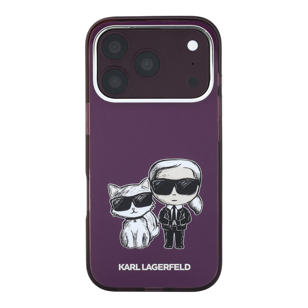 Bordeauxkleurig Karl Lagerfeld telefoonhoesje met figuren van Karl en Choupette, van achteren