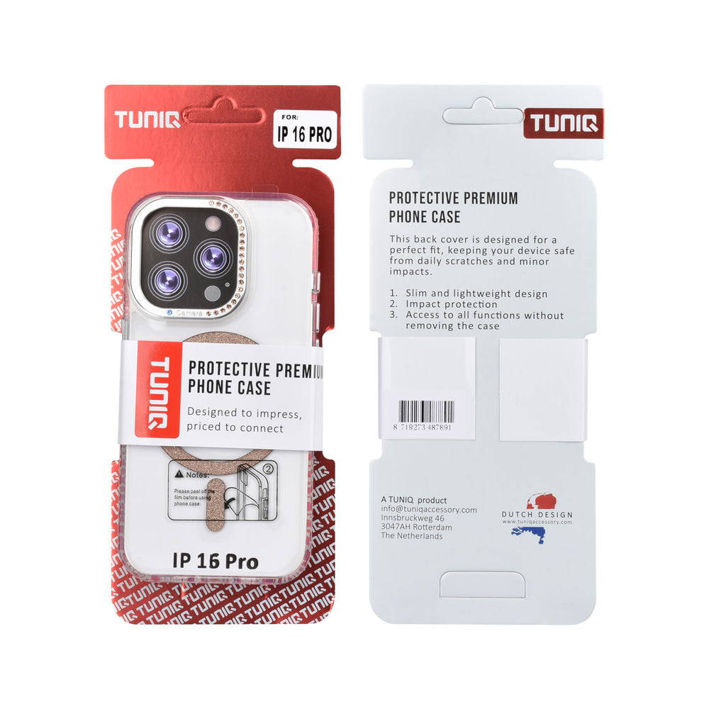 Voor- en achterkant van verpakking van transparant TUNIQ telefoonhoesje met goudkleurige glitterring en rand