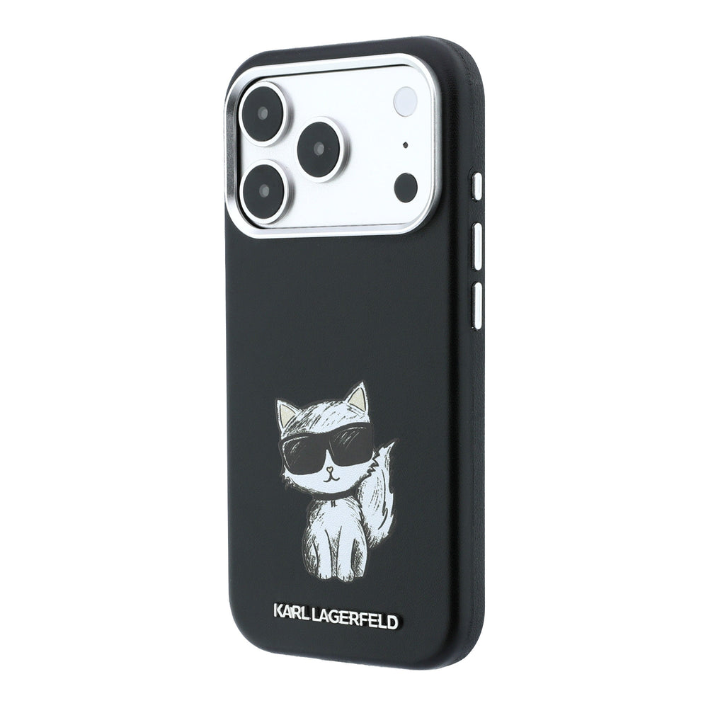 Zwart Karl Lagerfeld telefoonhoesje met Choupette-kat, schuin van achteren