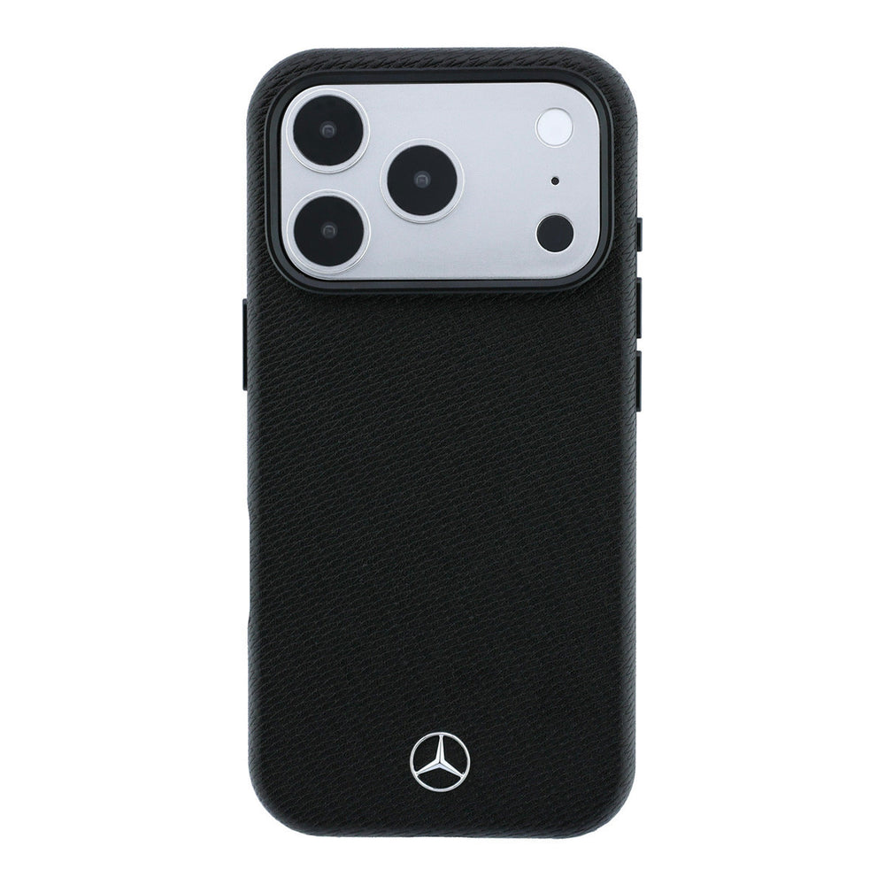 Zwart Mercedes-Benz telefoonhoesje met diagonaal patroon en Mercedes-logo, van achteren