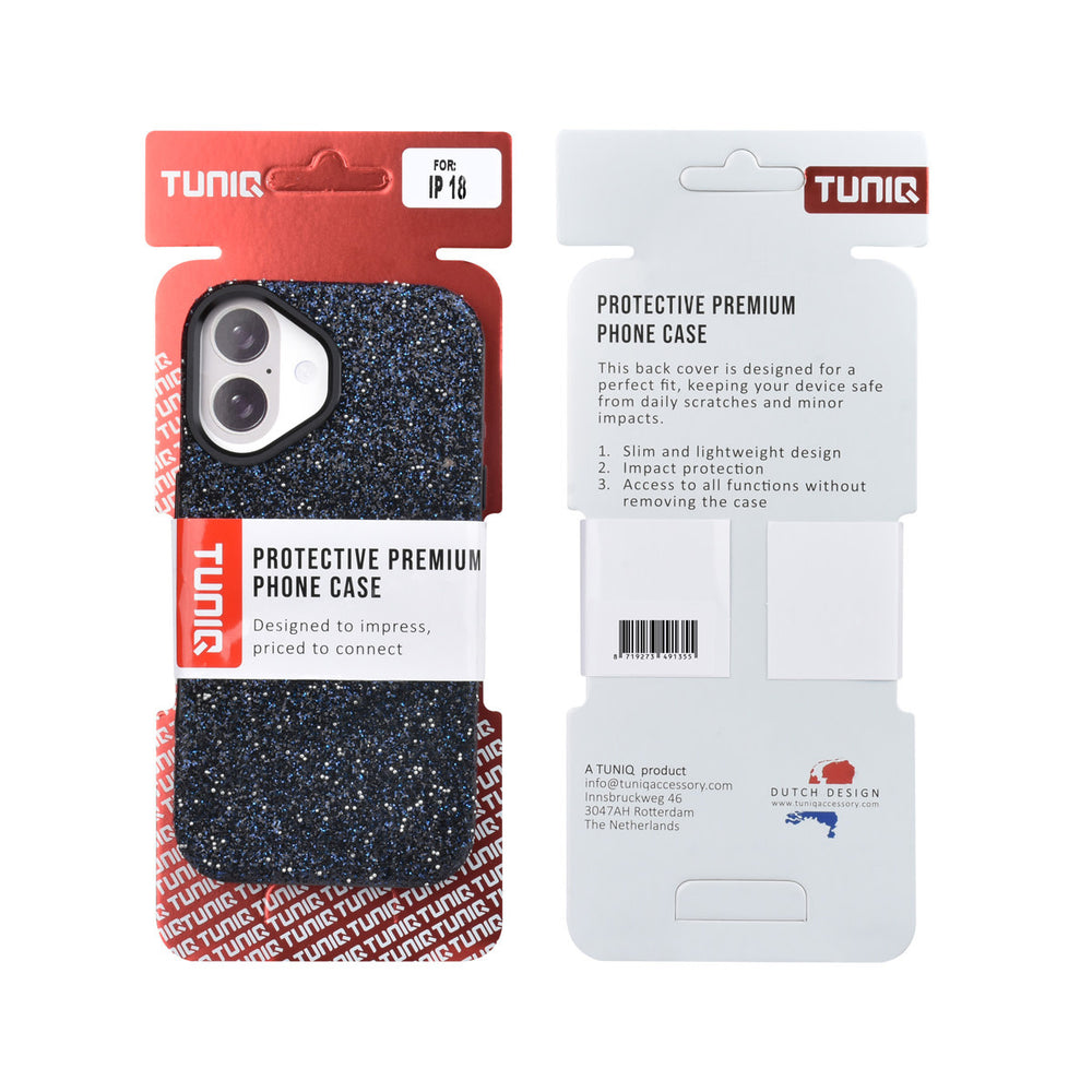 Voor- en achterkant van verpakking van zwart TUNIQ telefoonhoesje met glitters