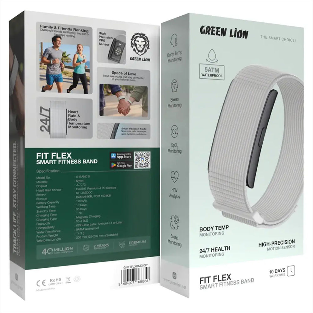 Voor- en achterkant van verpakking van grijze Green Lion Fit Flex fitnessband