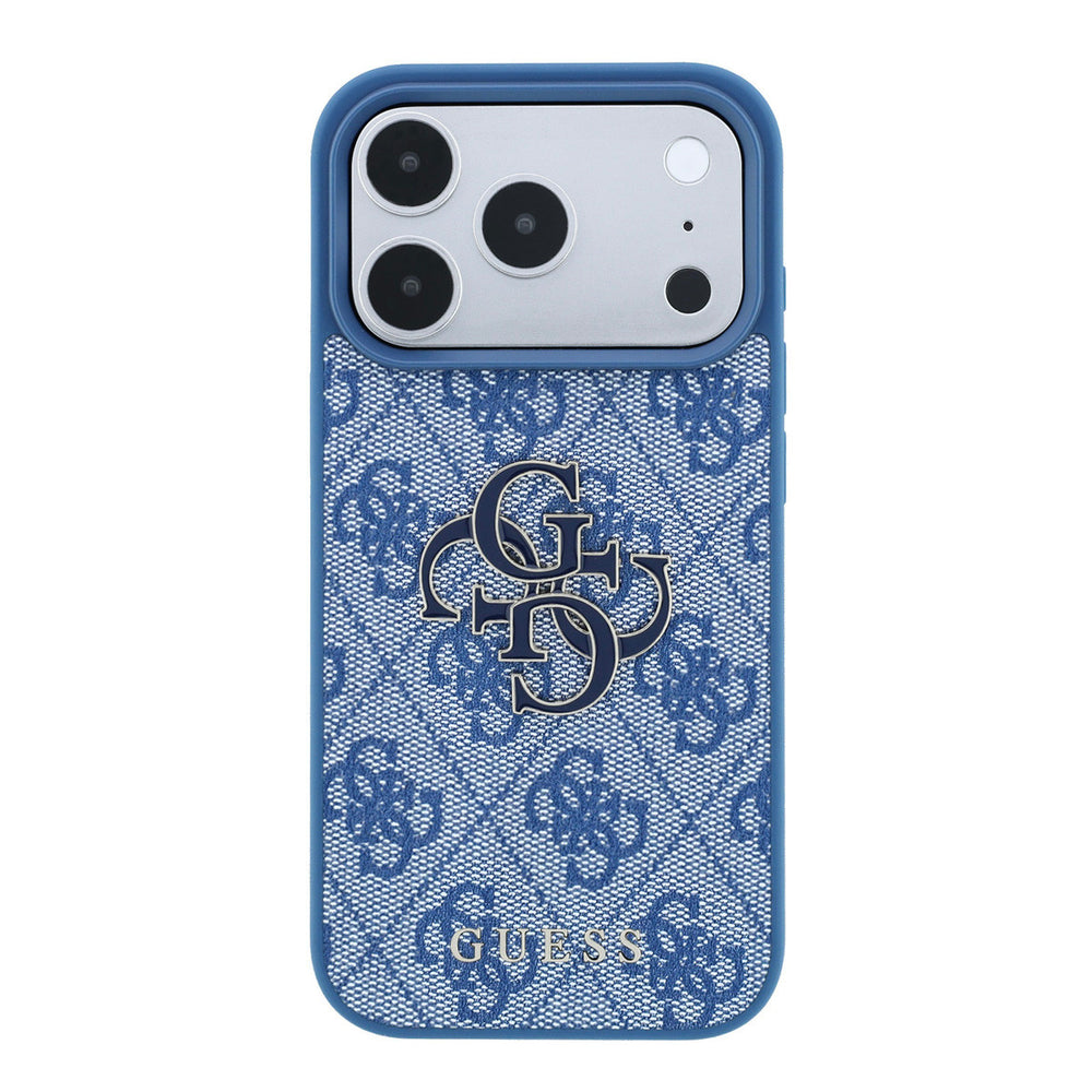 Blauw Guess telefoonhoesje met 4G-patroon en groot logo, van achteren