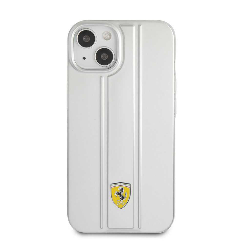 Transparant Ferrari telefoonhoesje met verticale strepen en geel schildlogo, van achteren