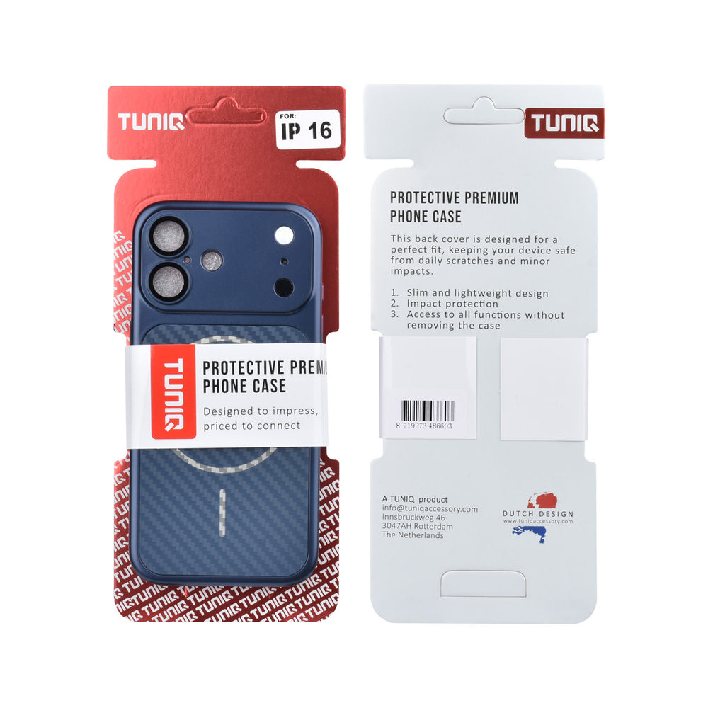Voor- en achterkant van verpakking van blauw TUNIQ telefoonhoesje met diagonaal patroon en ring