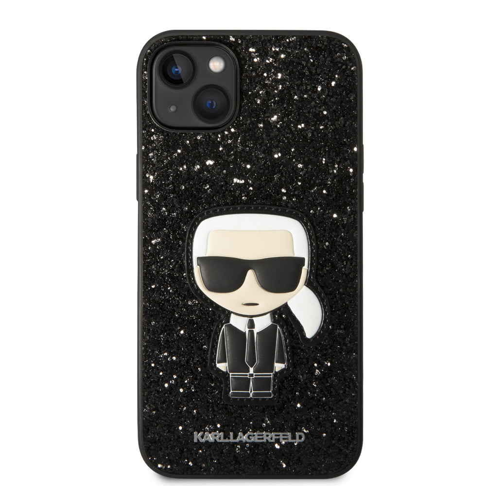 Zwart Karl Lagerfeld telefoonhoesje met glitters en Karl-figuur, van achteren