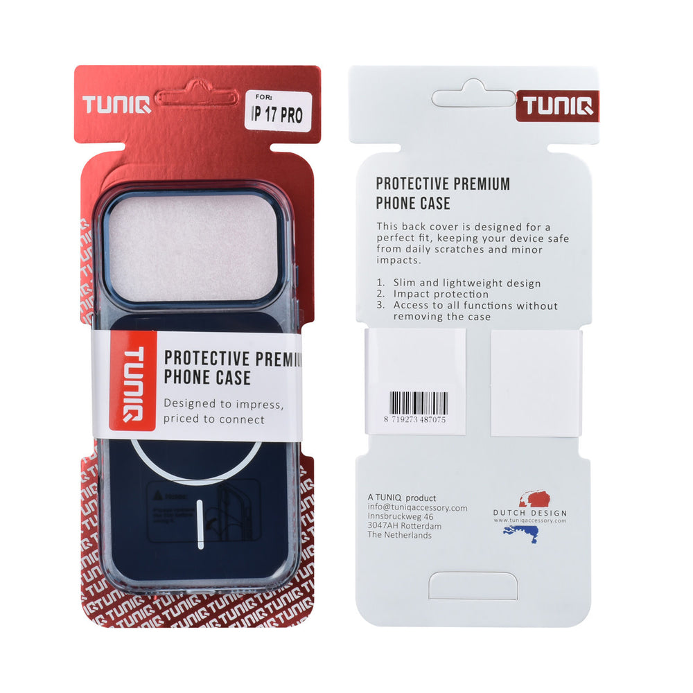 Voor- en achterkant van verpakking van blauw TUNIQ telefoonhoesje met witte ring
