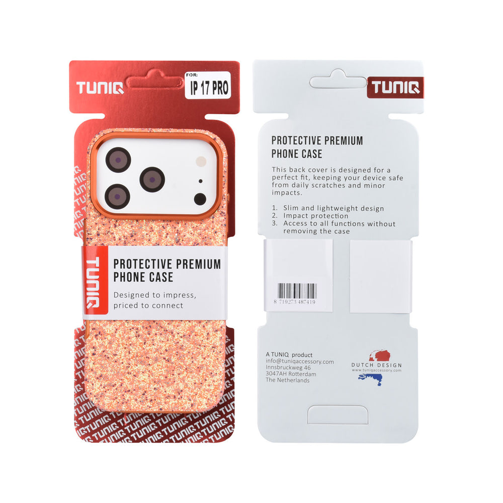 Voor- en achterkant van verpakking van oranje TUNIQ telefoonhoesje met glitters