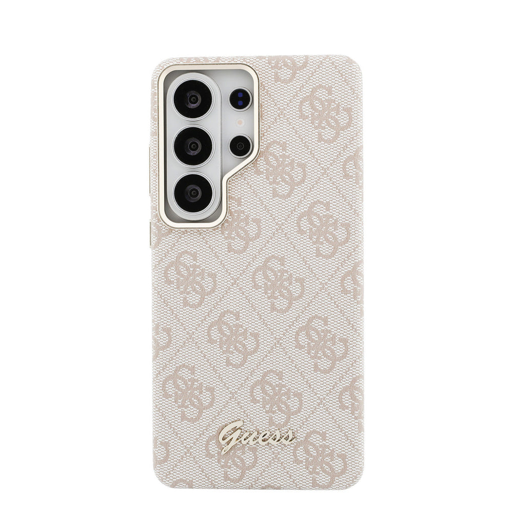 Roze Guess telefoonhoesje met 4G-patroon en goudkleurig schriftlogo, van achteren