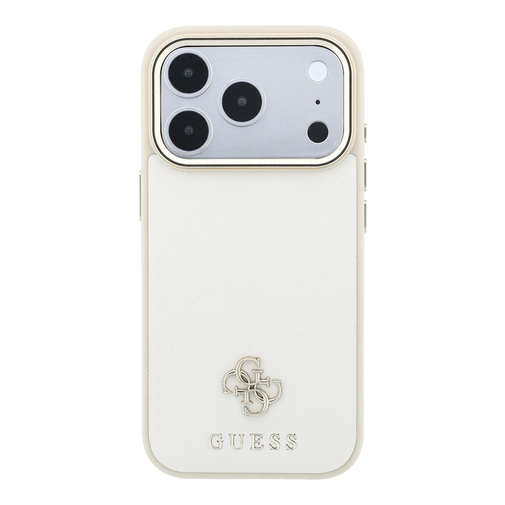 Beige Guess telefoonhoesje met klein 4G-logo en klassiek logo, van achteren