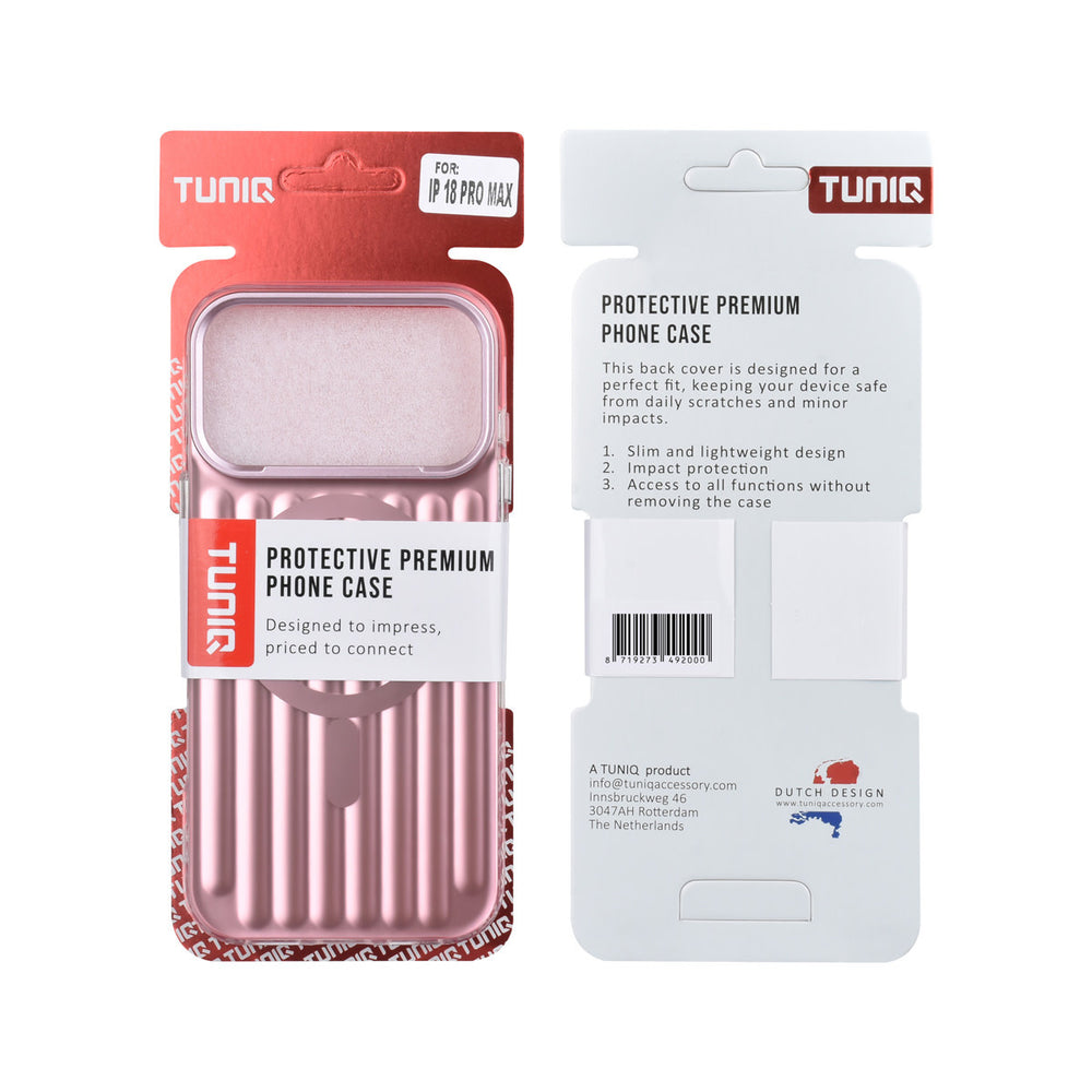 Voor- en achterkant van verpakking van roze TUNIQ telefoonhoesje met verticale ribbels en ring