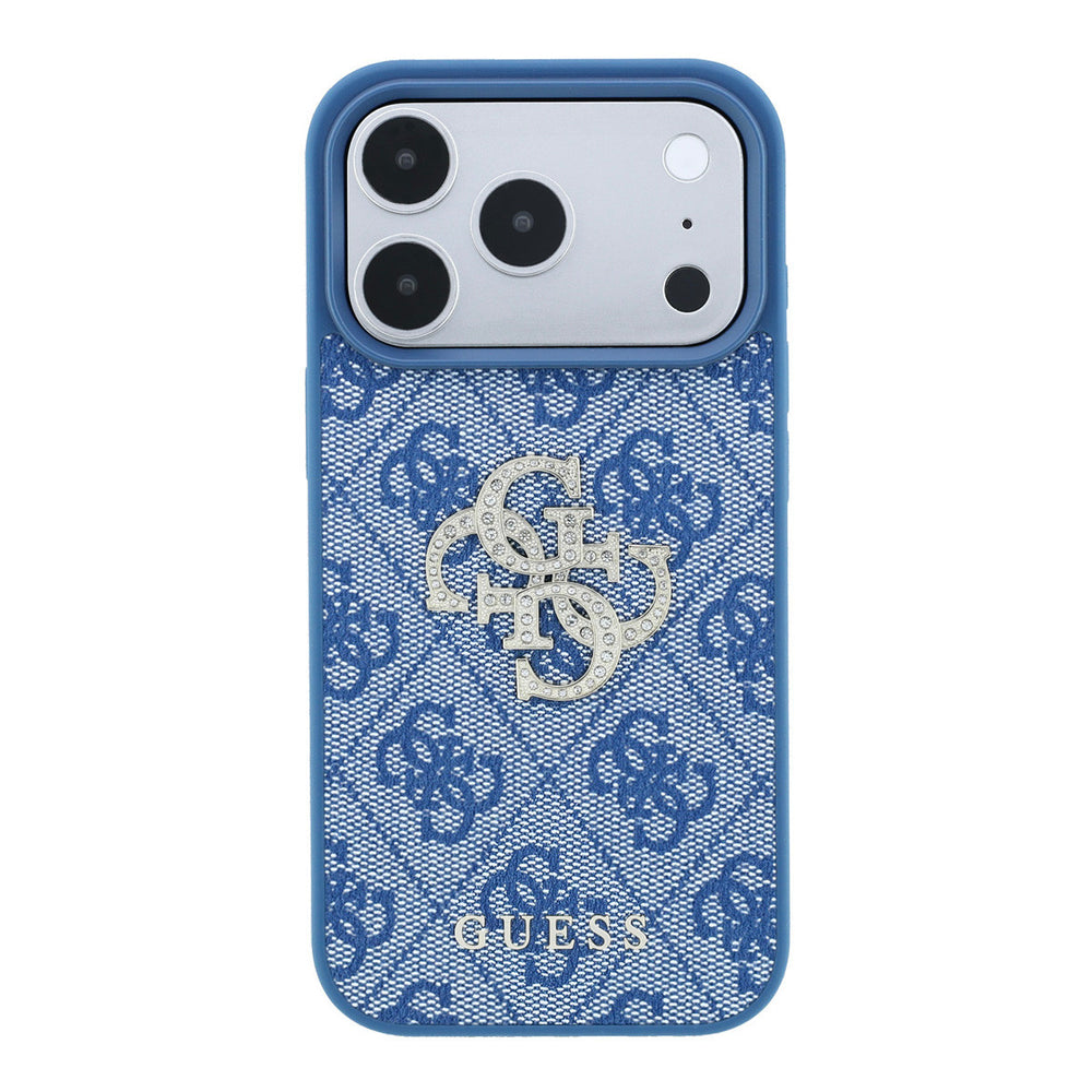 Blauw Guess telefoonhoesje met 4G-patroon en groot strasslogo, van achteren