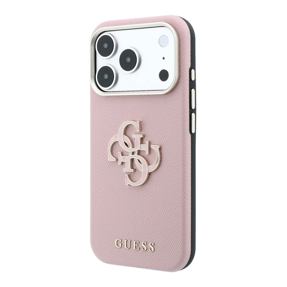 Roze Guess telefoonhoesje met groot 4G-logo, vanaf de andere zijkant