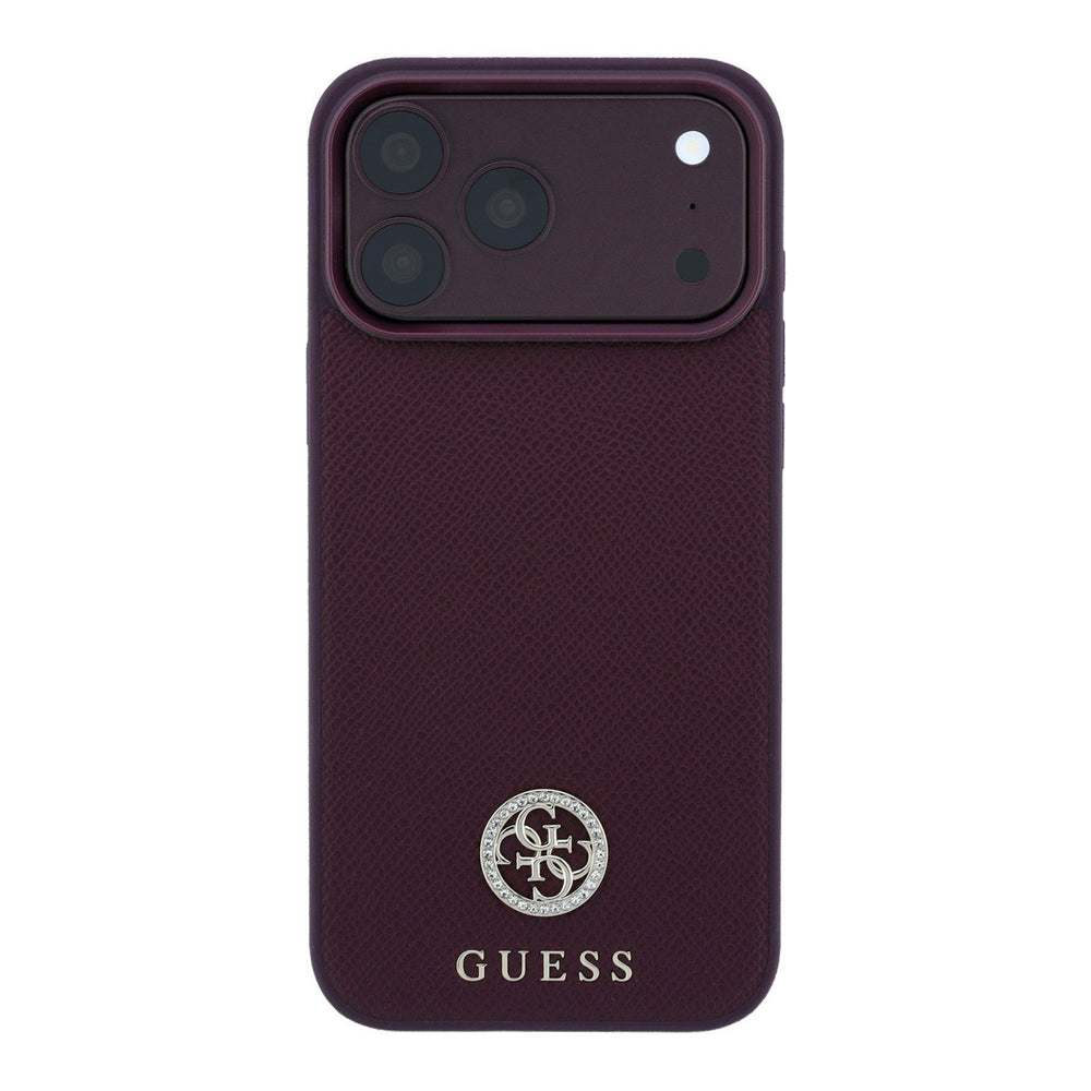 Bordeauxkleurig Guess telefoonhoesje met rond logo, van achteren