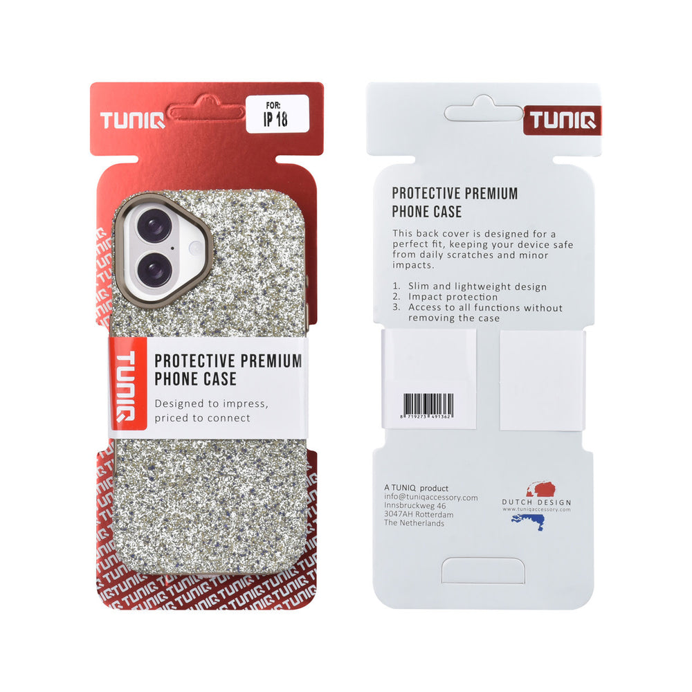 Voor- en achterkant van verpakking van tUNIQ telefoonhoesje met lichte glitters en goudkleurige rand