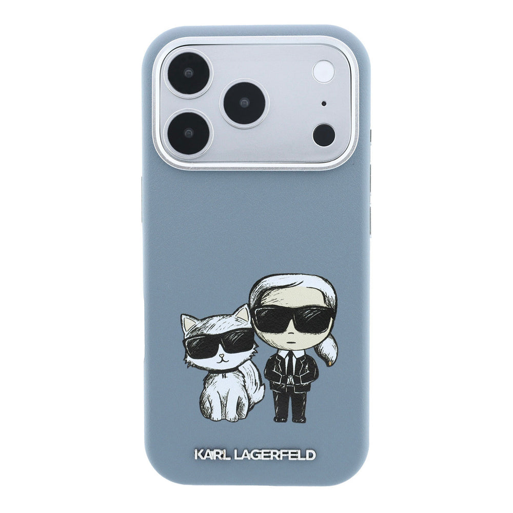 Grijsblauw Karl Lagerfeld telefoonhoesje met figuren van Karl en Choupette, van achteren