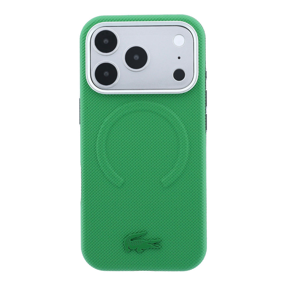 Groen Lacoste telefoonhoesje met ingedrukt ringpatroon en krokodillenlogo, van achteren