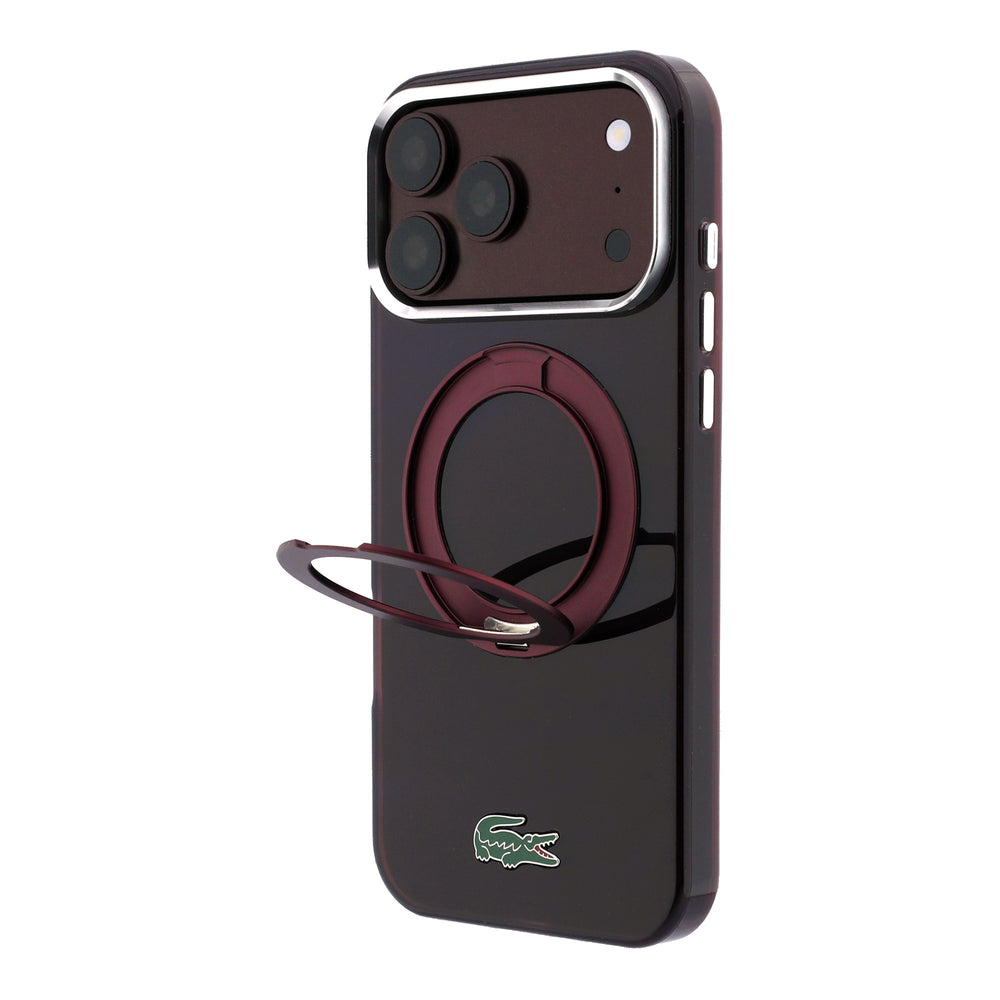 Donkerrood Lacoste telefoonhoesje met uitgeklapte ringstandaard