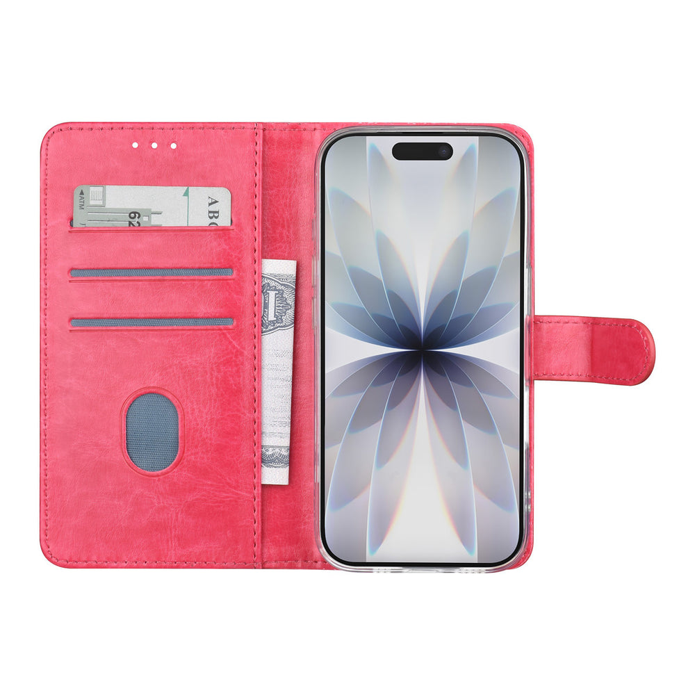 Geopende roze TUNIQ bookcase met kaartvakken, geldvak en telefoon