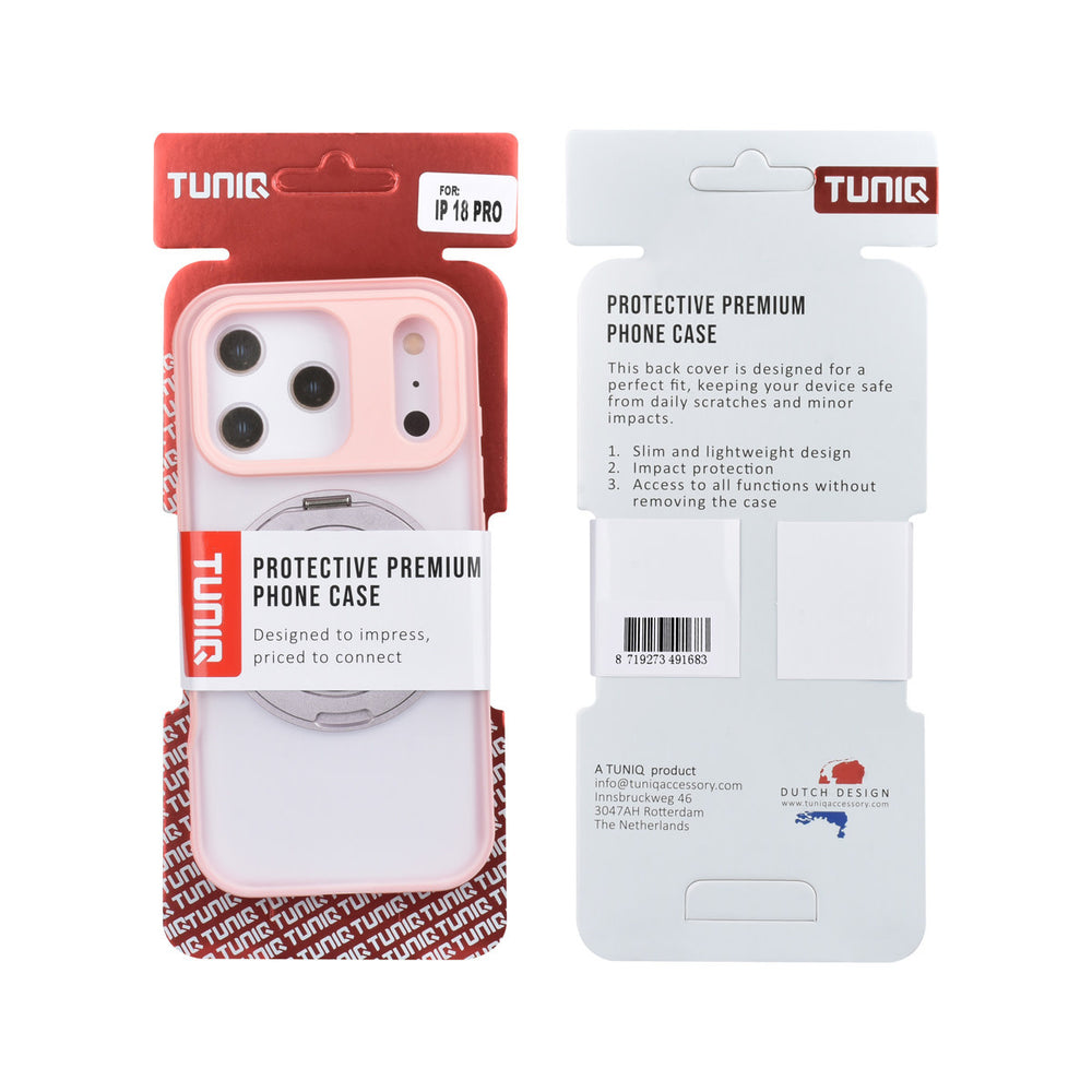 Voor- en achterkant van verpakking van roze TUNIQ telefoonhoesje met glanzende ringstandaard