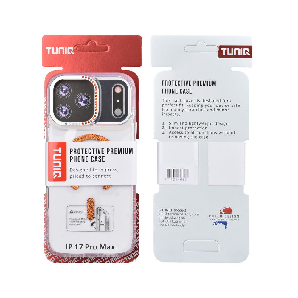 Voor- en achterkant van verpakking van transparant TUNIQ telefoonhoesje met oranje glitters langs de rand en gebogen ring