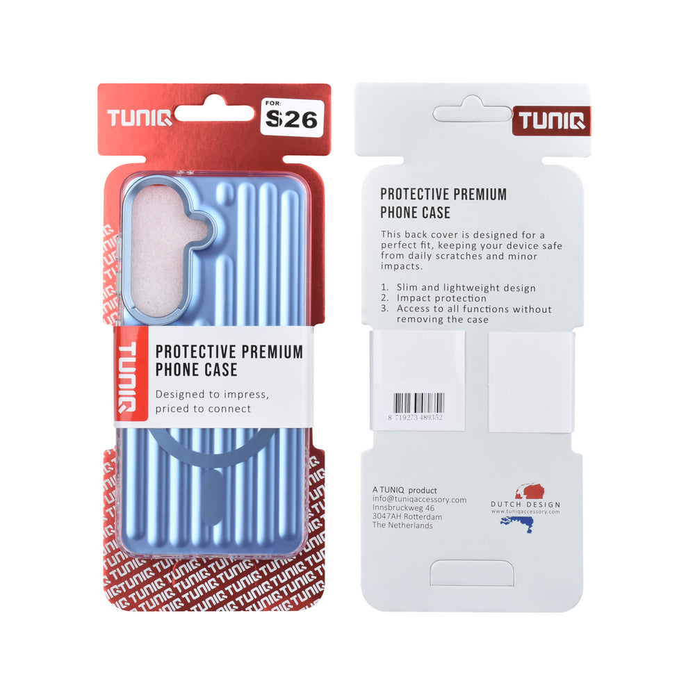 Voor- en achterkant van verpakking van blauw TUNIQ telefoonhoesje met verticale ribbels en ring