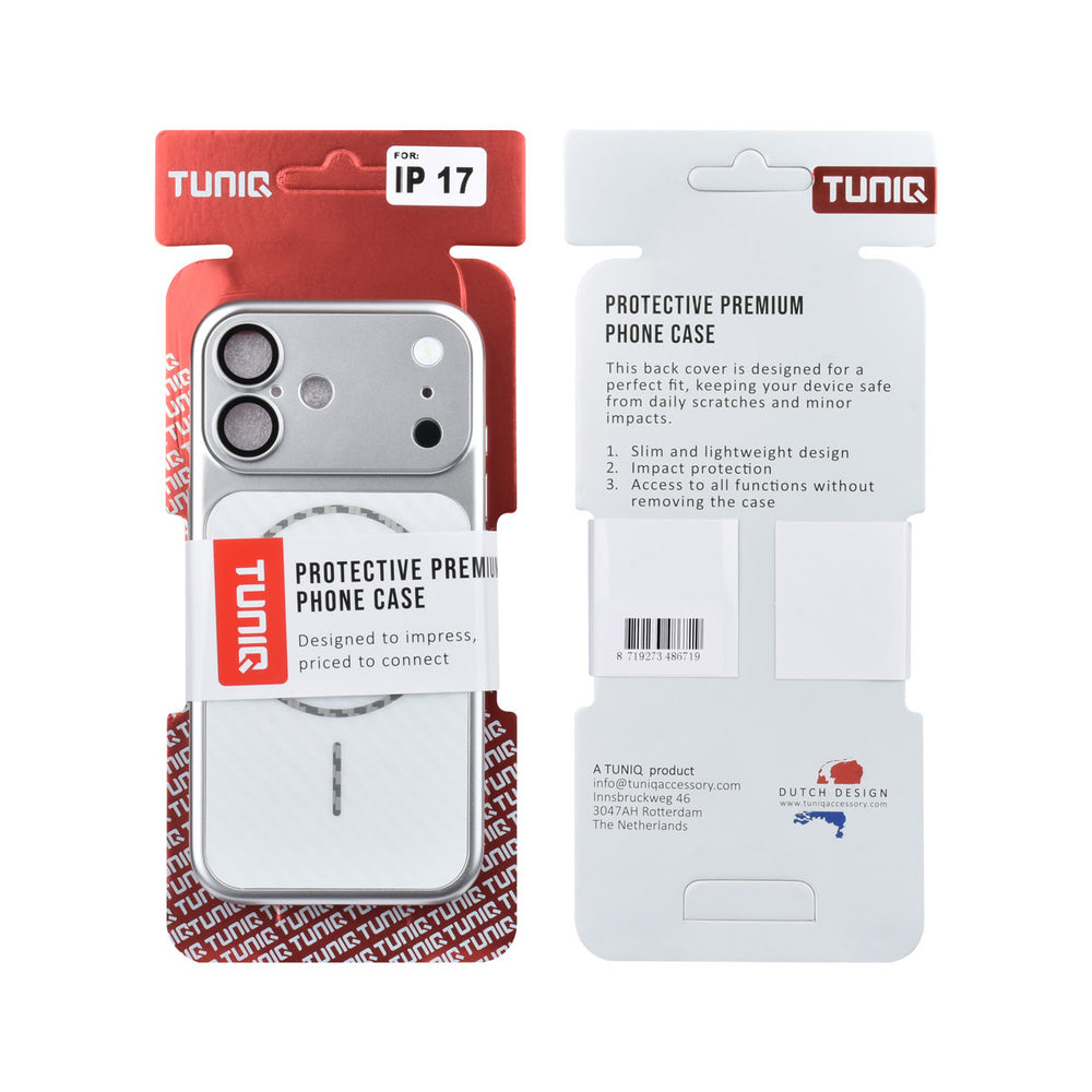 Voor- en achterkant van verpakking van zilverkleurig TUNIQ telefoonhoesje met diagonaal patroon en ring