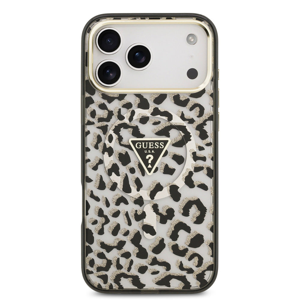 Guess telefoonhoesje met zwart-witte luipaardprint en driehoekslogo, van achteren