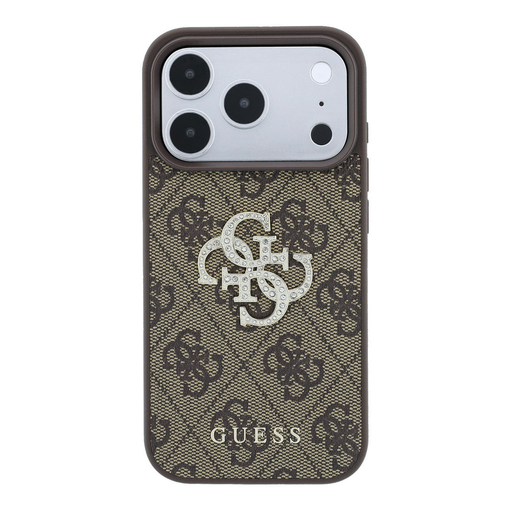 Bruin Guess telefoonhoesje met 4G-patroon en groot strasslogo, van achteren