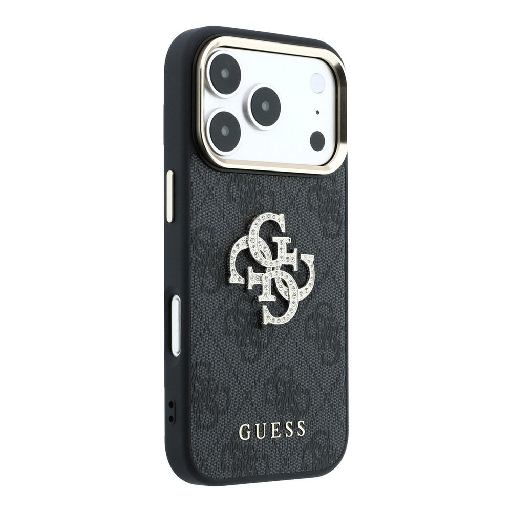 Zwart Guess telefoonhoesje met 4G-patroon en groot strasslogo, vanaf de andere zijkant