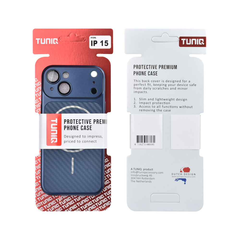 Voor- en achterkant van verpakking van blauw TUNIQ telefoonhoesje met diagonaal patroon en ring