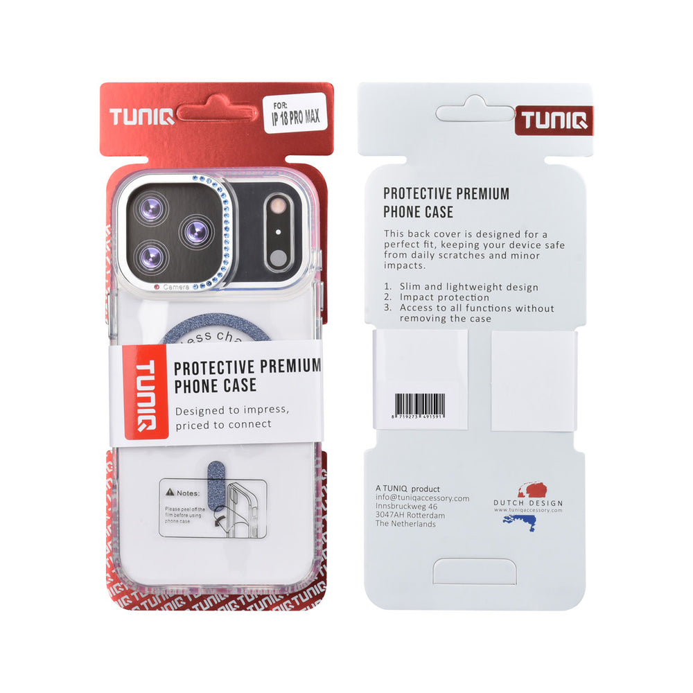 Voor- en achterkant van verpakking van transparant TUNIQ telefoonhoesje met blauwe glitters langs de rand en gebogen ring