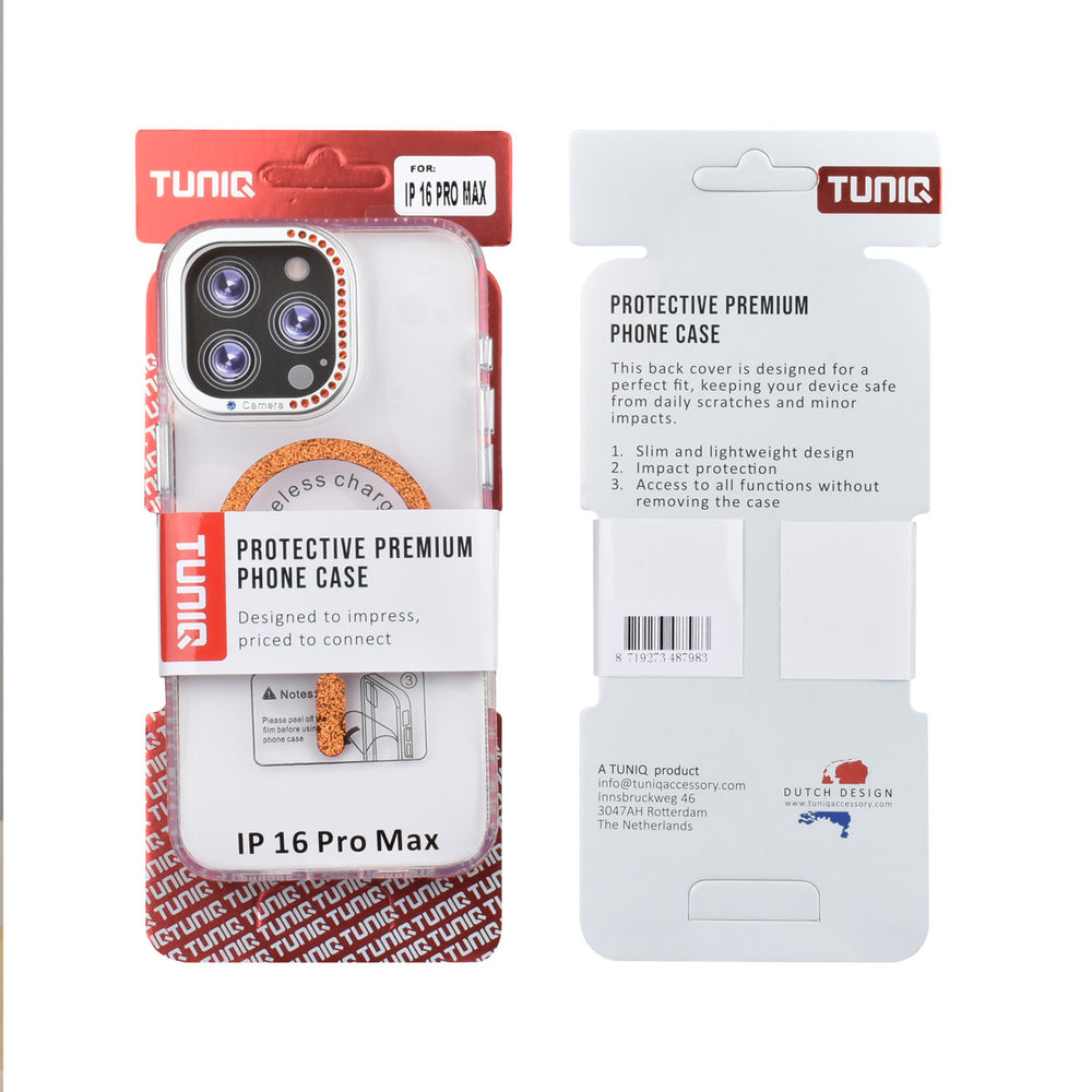 Voor- en achterkant van verpakking van transparant TUNIQ telefoonhoesje met oranje glitterring en rand