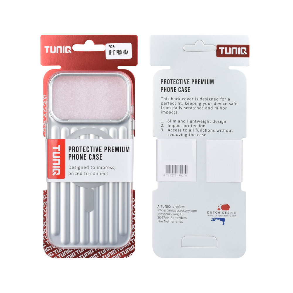 Voor- en achterkant van verpakking van zilverkleurig TUNIQ telefoonhoesje met verticale ribbels en ring