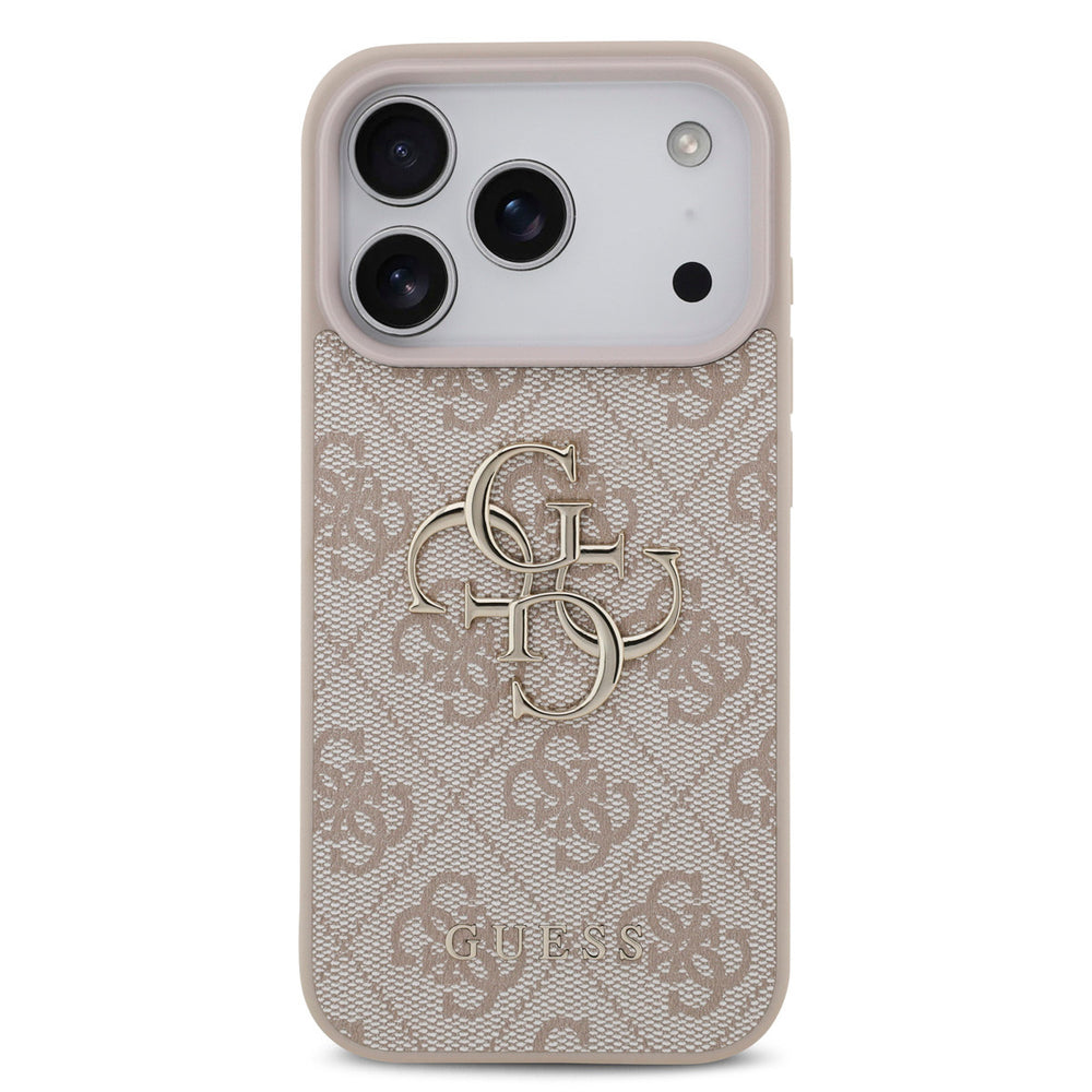 Lichtgekleurd Guess telefoonhoesje met 4G-patroon en groot goudkleurig logo, van achteren