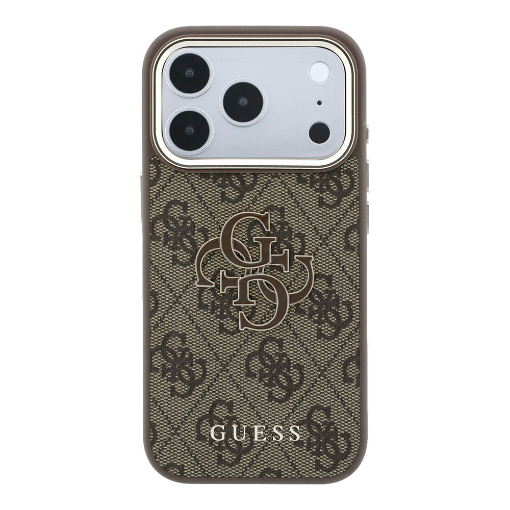 Bruin Guess telefoonhoesje met 4G-patroon en groot 4G-logo, van achteren