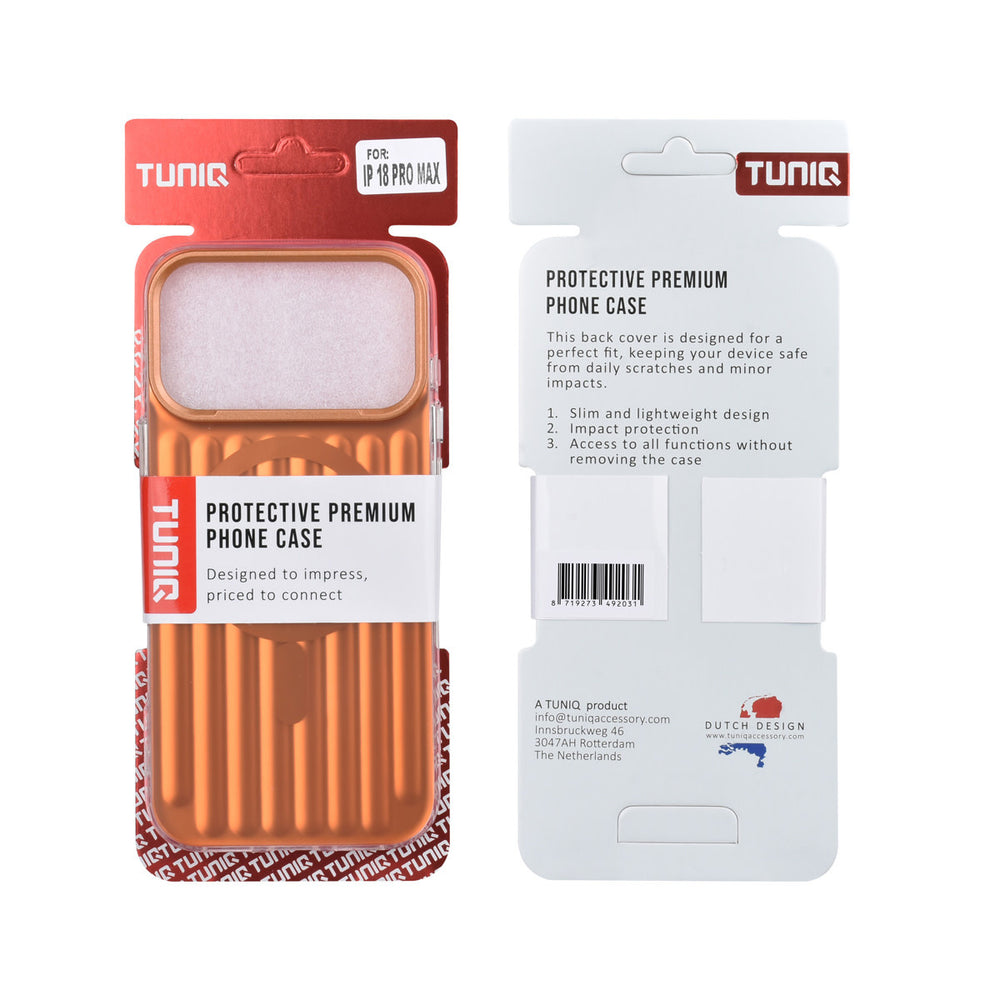 Voor- en achterkant van verpakking van oranje TUNIQ telefoonhoesje met verticale ribbels en ring