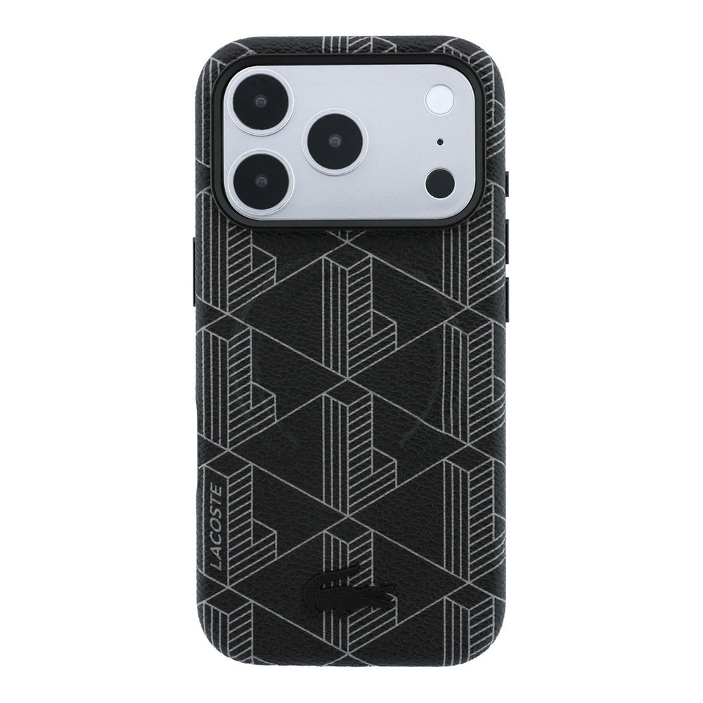 Zwart Lacoste telefoonhoesje met geometrisch patroon, van achteren