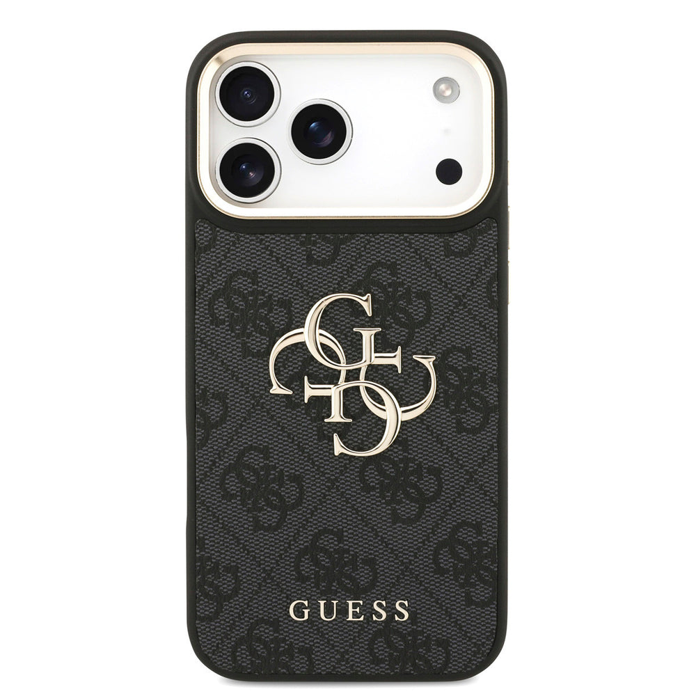 Zwart Guess telefoonhoesje met 4G-patroon en groot goudkleurig logo, van achteren